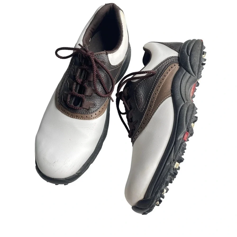 FootJoy Men’s Size 8.5 Leather Flexzone Golf Shoes brown white clean